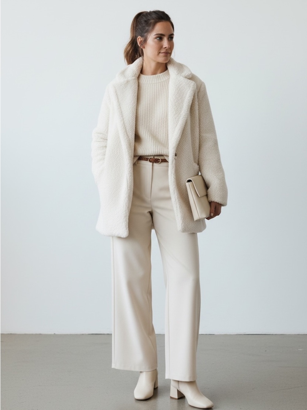 Alice + Olivia Ivory Faux Fur Teddy Coat Shawl Collar Size M